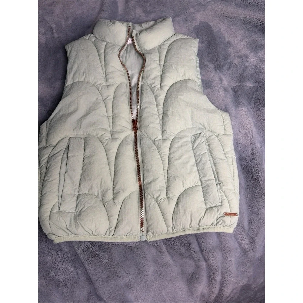 Tahari Kids Quilted Puffer Vest Mint Green Rose Gold Zip Front Size 10